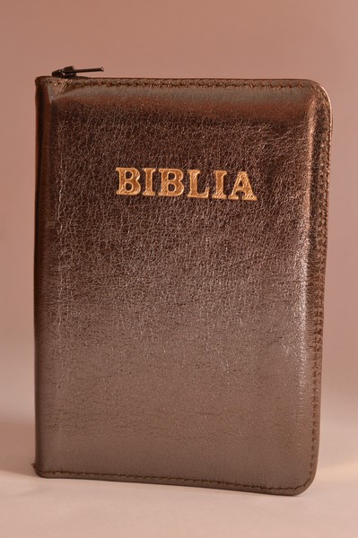 Biblie din piele, dimensiune, gri inchis sidefat, fermoar, simbol simpla, cuv. lui Isus in rosu [043 A]