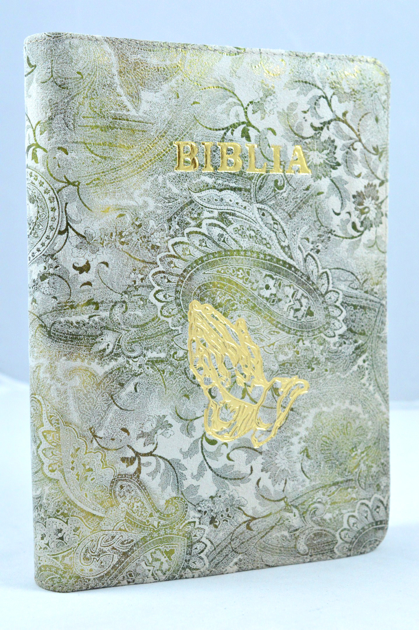 Biblia din piele, marime medie, bej floral, fermoar, simbol maini, cuv. lui Isus cu rosu [053]