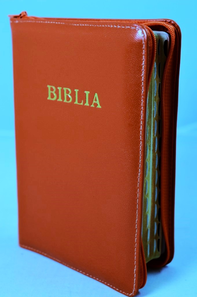 Biblie din piele, marime medie, caramiziu, fermoar, index, margini aurii, cuv. lui Isus cu rosu [SB 057 PFI]