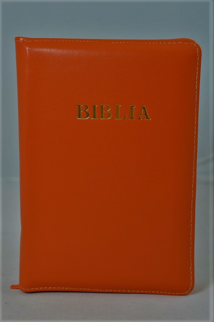 Biblie din piele,marime mica, nuanta de portocaliu, fermoar, margini albe, cuv. lui Isus in rosu [043 PF]