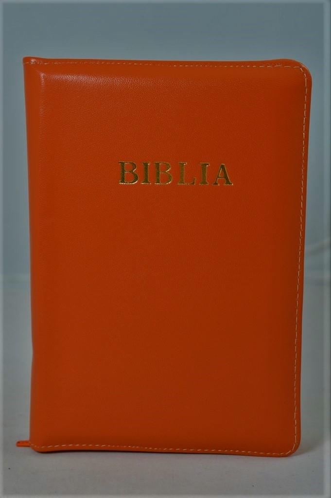 Biblia mica, piele, portocaliu, index, fermoar, margini aurii, cuv. lui Isus in rosu [047 PFI]