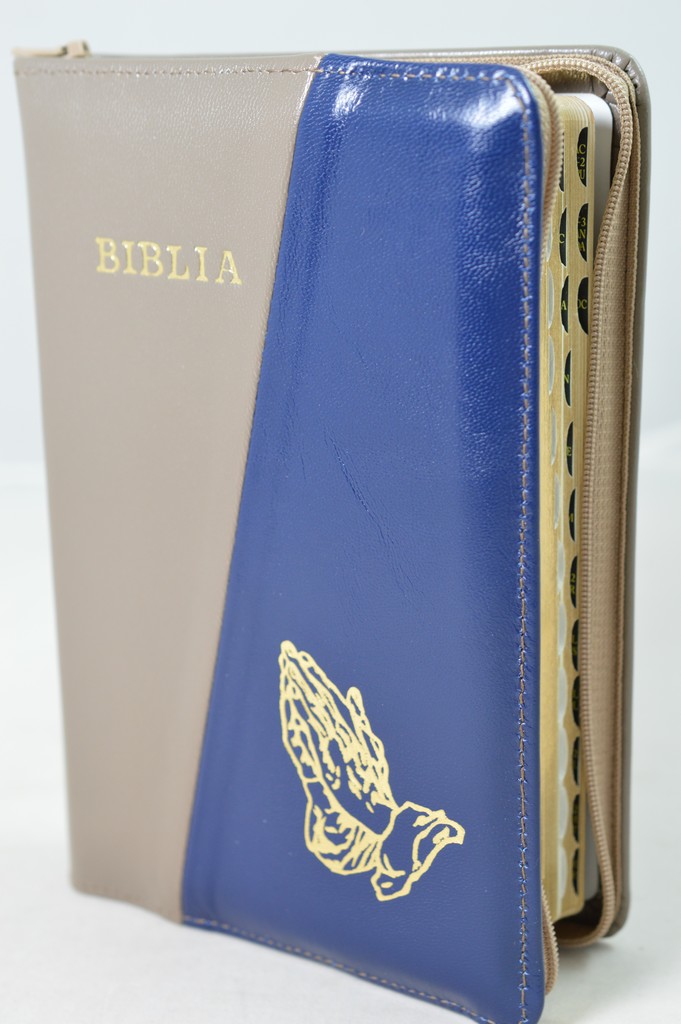 Biblie din piele, marime medie, culoare kaki/bleumarin, simbol maini in rugaciune, fermoar, index, margini aurii, cuv. lui Isus cu rosu [SB 057 PFI]