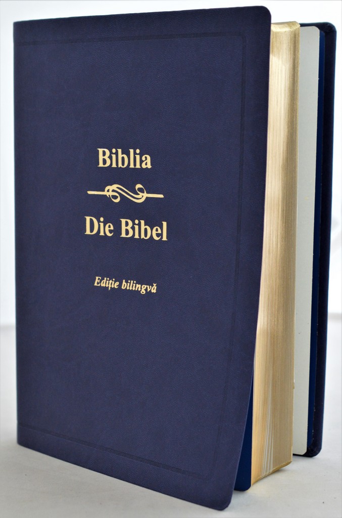 Biblia bilingva romana - germana, mare, piele ecologica, bleumarin inchis, aurita