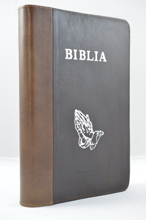 Biblia mare, coperta din piele, maro | maro inchis, fermoar, margini argintii, simbol - maini in ruga, cuv. lui Isus in rosu [073 PFR]