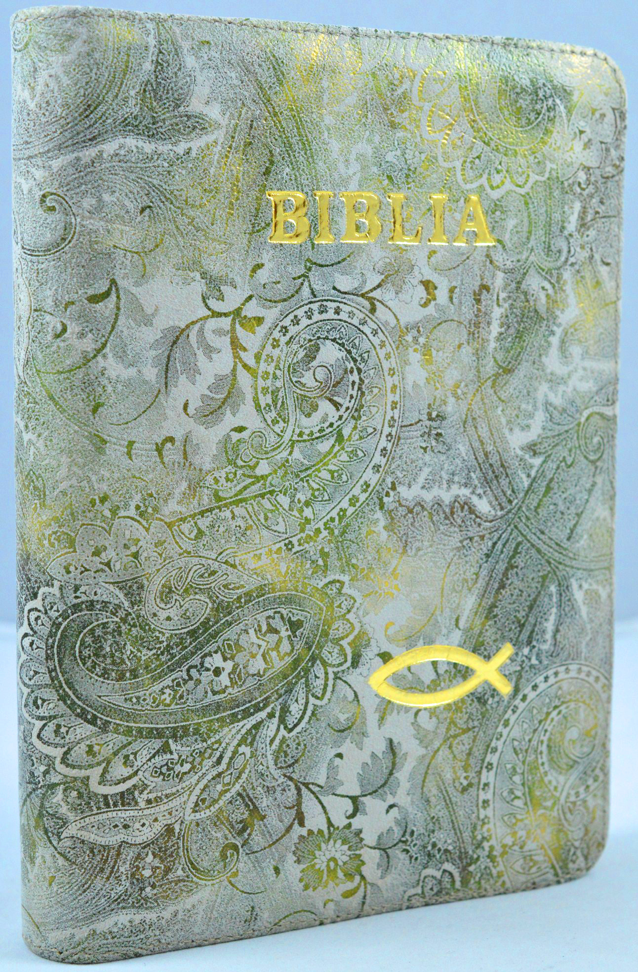 Biblia format mic, din piele, bej floral, index, fermoar, margini aurii, simbol peste, cuv. lui Isus in rosu [047 PFI]