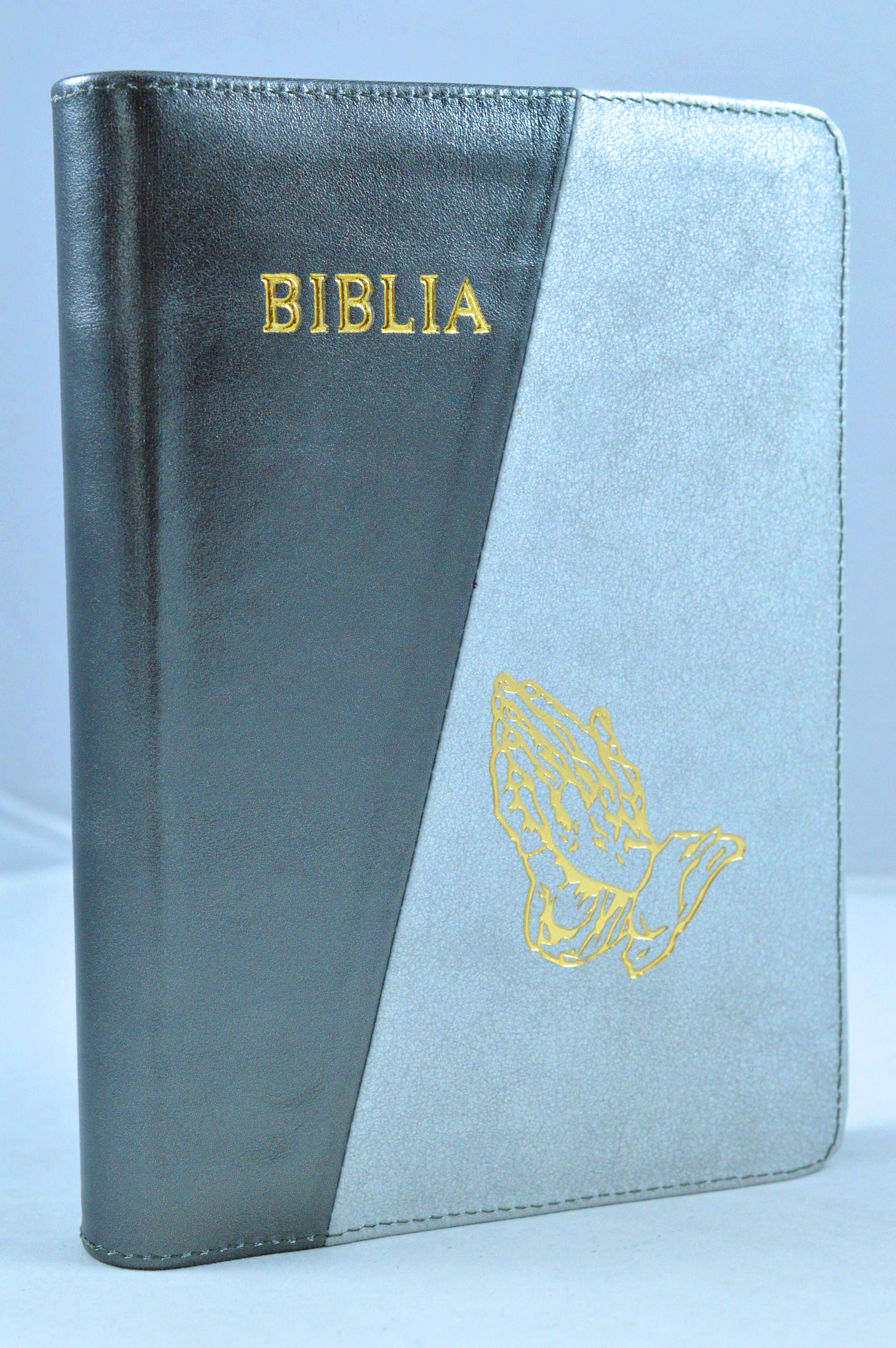 Biblia din piele, marime medie, negru / gri, fermoar, simbol maini in ruga, cuv. lui Isus cu rosu [053]