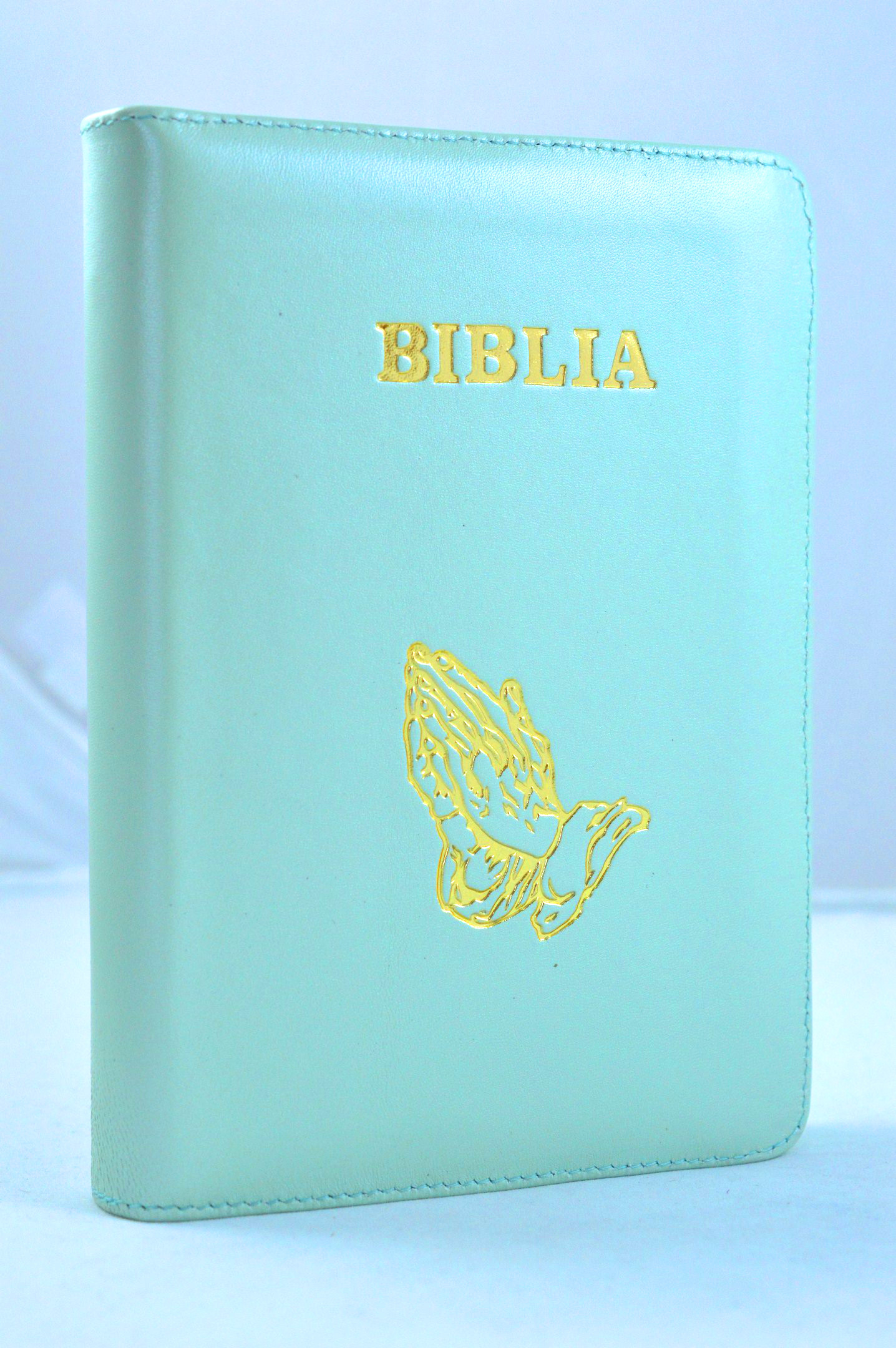 Biblia din piele, marime medie, verde turcoaz, fermoar, cu maini, cuv. lui Isus cu rosu [053]