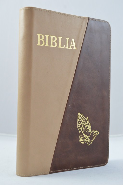 Biblia mare, din piele, maro deschis / maro inchis, fermoar, margini aurii, simbol - maini in ruga, cuv. lui Isus in rosu [073 PFR]