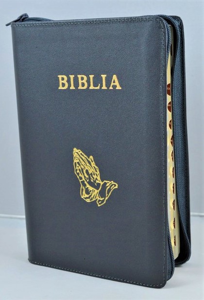 Biblie mare, piele, culoare gri, fermoar, index, margini argintii, simbol maini in ruga, cuv. Isus cu rosu [SI 073 PFI]