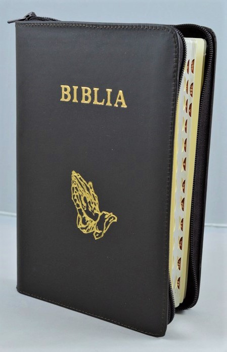 Biblie mare, piele, maro inchis, fermoar, index, margini argintii, simbol maini in ruga, cuv. Isus cu rosu [SI 073 PFI]