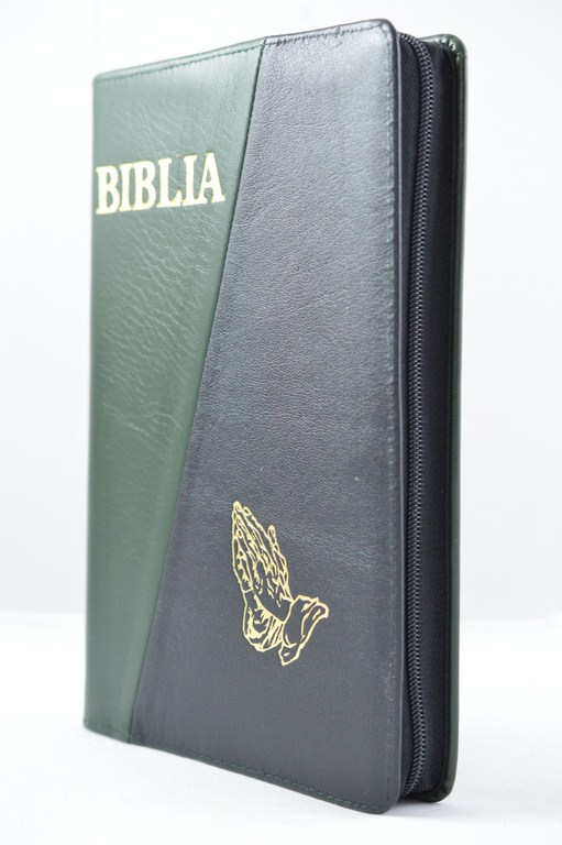 Biblia mare, coperta piele, verde inchis / negru, fermoar, margini aurii, simbol - maini, cuv. lui Isus in rosu [073 PFR]