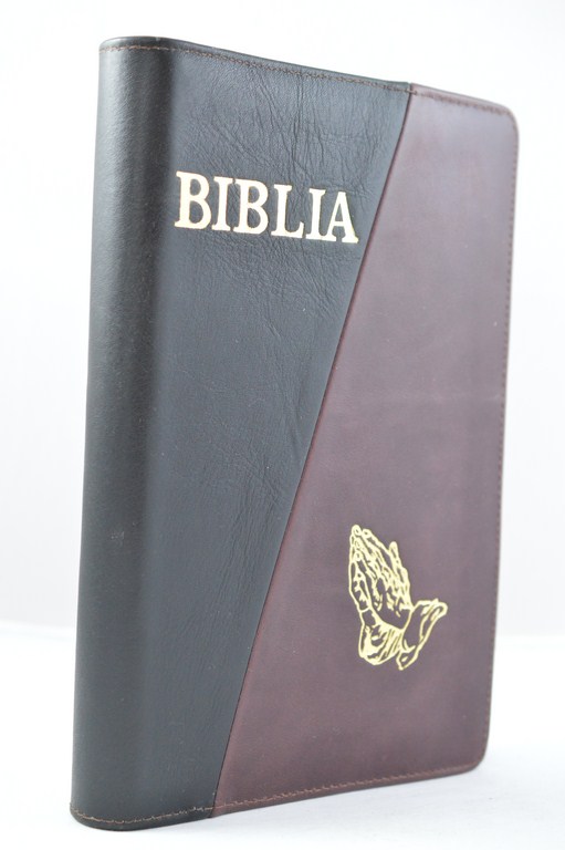Biblia mare, din piele, negru / visiniu, fermoar, margini aurii, simbol - maini in ruga, cuv. lui Isus in rosu [073 PFR]
