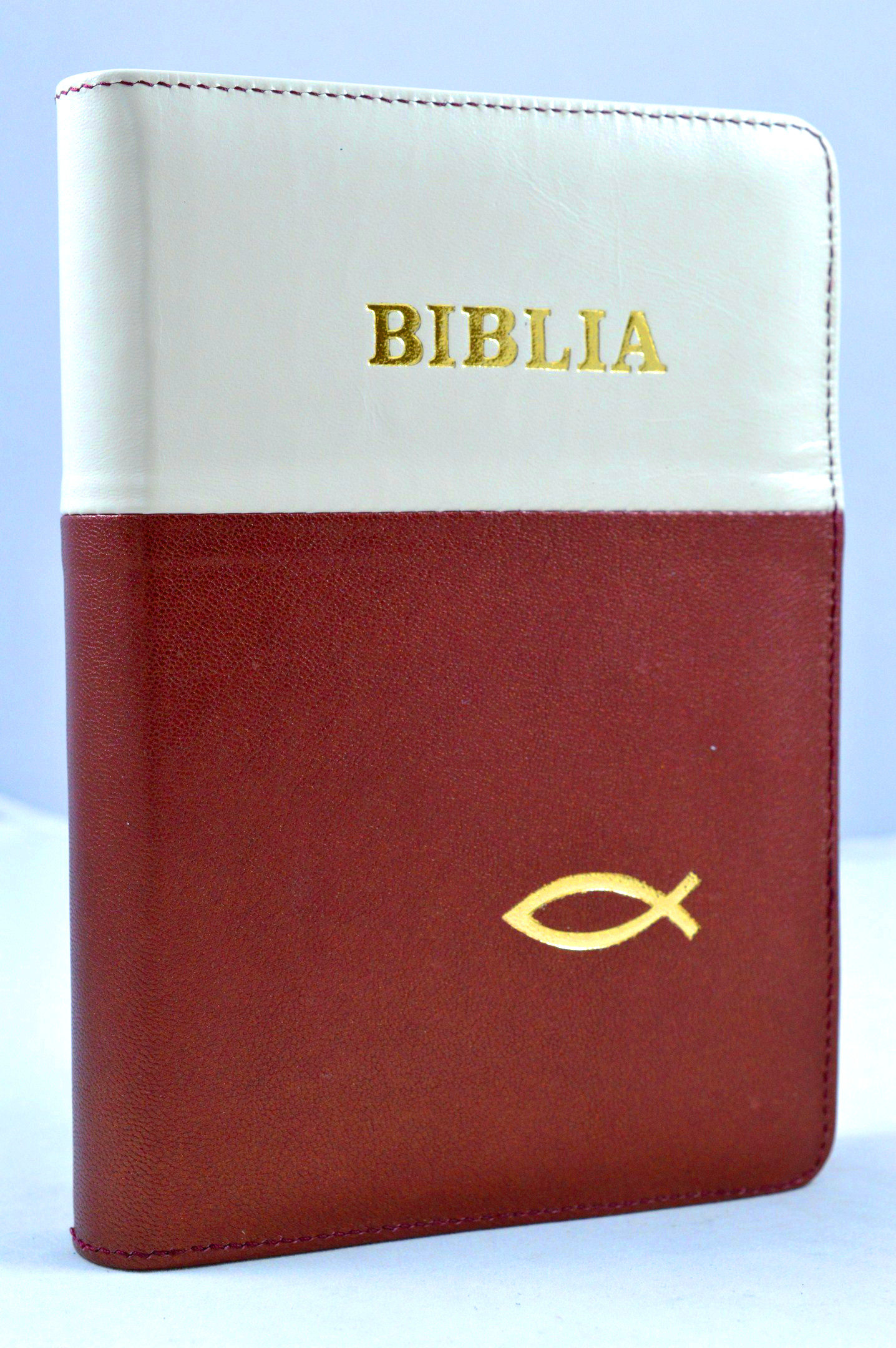 Biblia din piele, marime medie, bej - stacojiu, fermoar, simbol peste, cuv. lui Isus cu rosu [053]