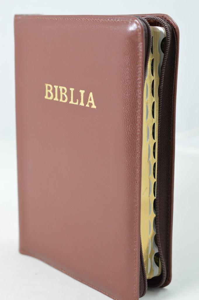 Biblie din piele, marime medie, culoare roz plamaniu, fermoar, index, margini aurii, cuv. lui Isus cu rosu [SB 057 PFI]