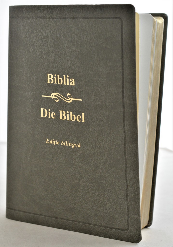 Biblia bilingva romana - germana, mare, piele ecologica, nuanta gri, aurita Biblia bilingva romana - germana, mare, piele ecologica, nuanta gri, aurita
