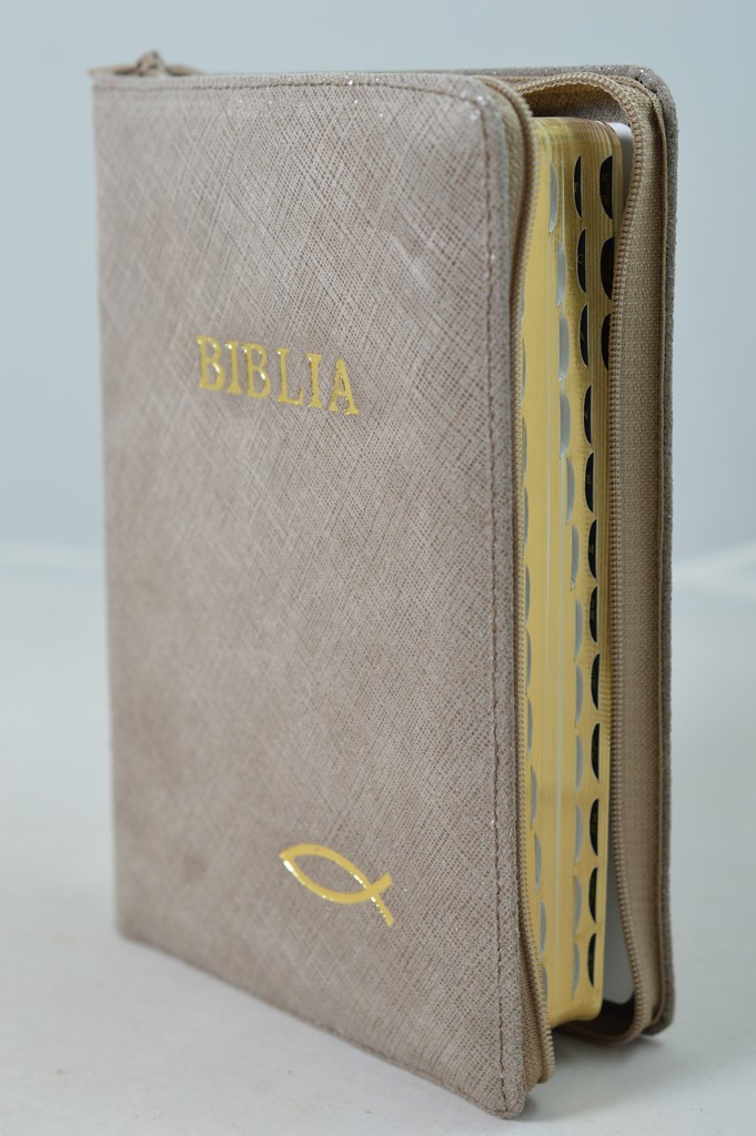 Biblie din piele, marime medie, culoare textura nuanta bej, simbol peste, fermoar, index, margini aurii, cuv. lui Isus cu rosu [SB 057 PFI]