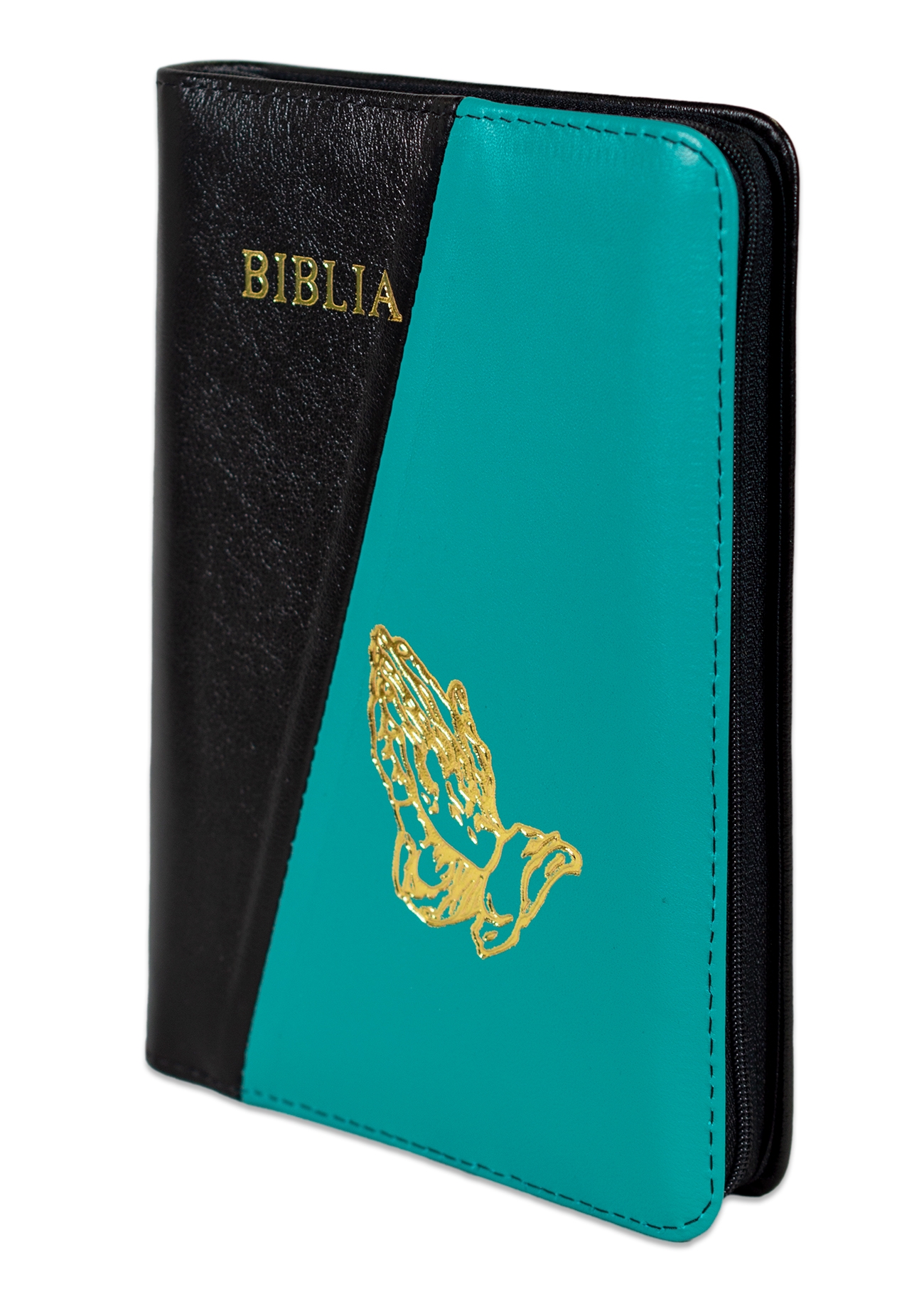Biblie din piele, marime medie, culoare negru cu turcoaz, simbol maini in rugaciune, fermoar, index, margini aurii, cuv. lui Isus cu rosu [SB 057 PFI]