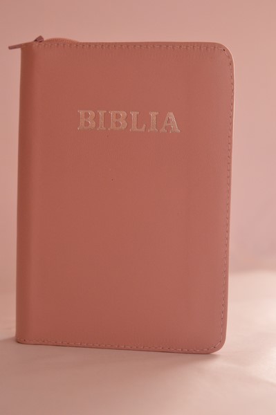 Biblie din piele, mica, roz pal, fermoar, argintata, cuv. lui Isus in rosu [043 A]