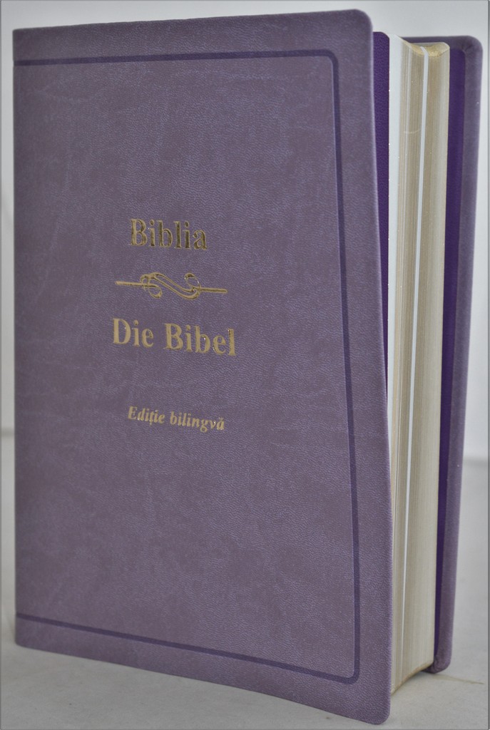 Biblia bilingva romana - germana, mare, piele ecologica, lila, aurita Biblia bilingva romana - germana, mare, piele ecologica, lila, aurita