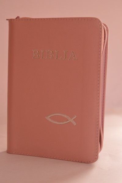 Biblie din piele, mica, roz pal, fermoar, margini argintii,simbol peste, cuv. lui Isus in rosu [043 A]