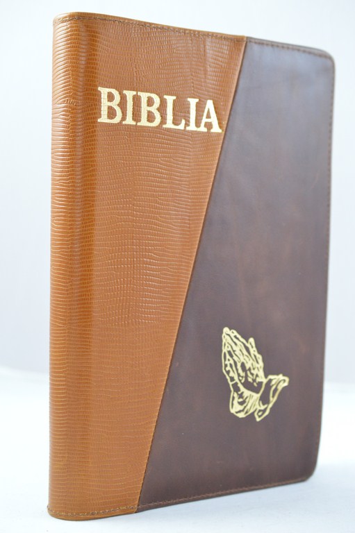 Biblia mare, din piele, caramiziu / visiniu, fermoar, margini aurii, simbol - maini in ruga, cuv. lui Isus in rosu [073 PFR]