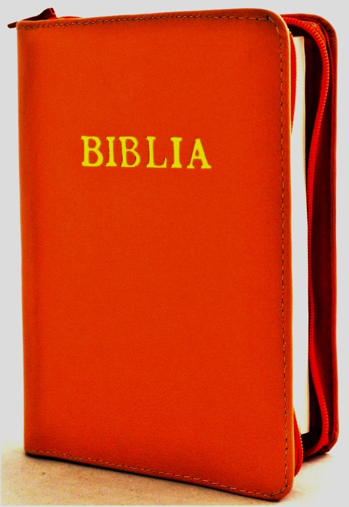 Biblie din piele, marime medie, culoare, portocaliu închis, fermoar, margini albe,  cuv. lui Isus cu rosu [053]