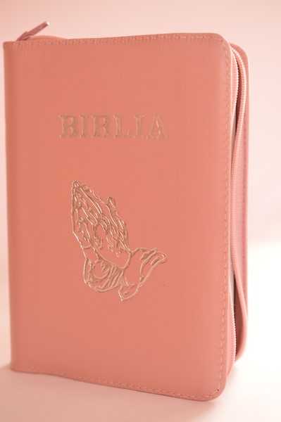 Biblie din piele, dimensiune mica, roz pal, fermoar, simbol maini in ruga, cuv. lui Isus in rosu [043 A]