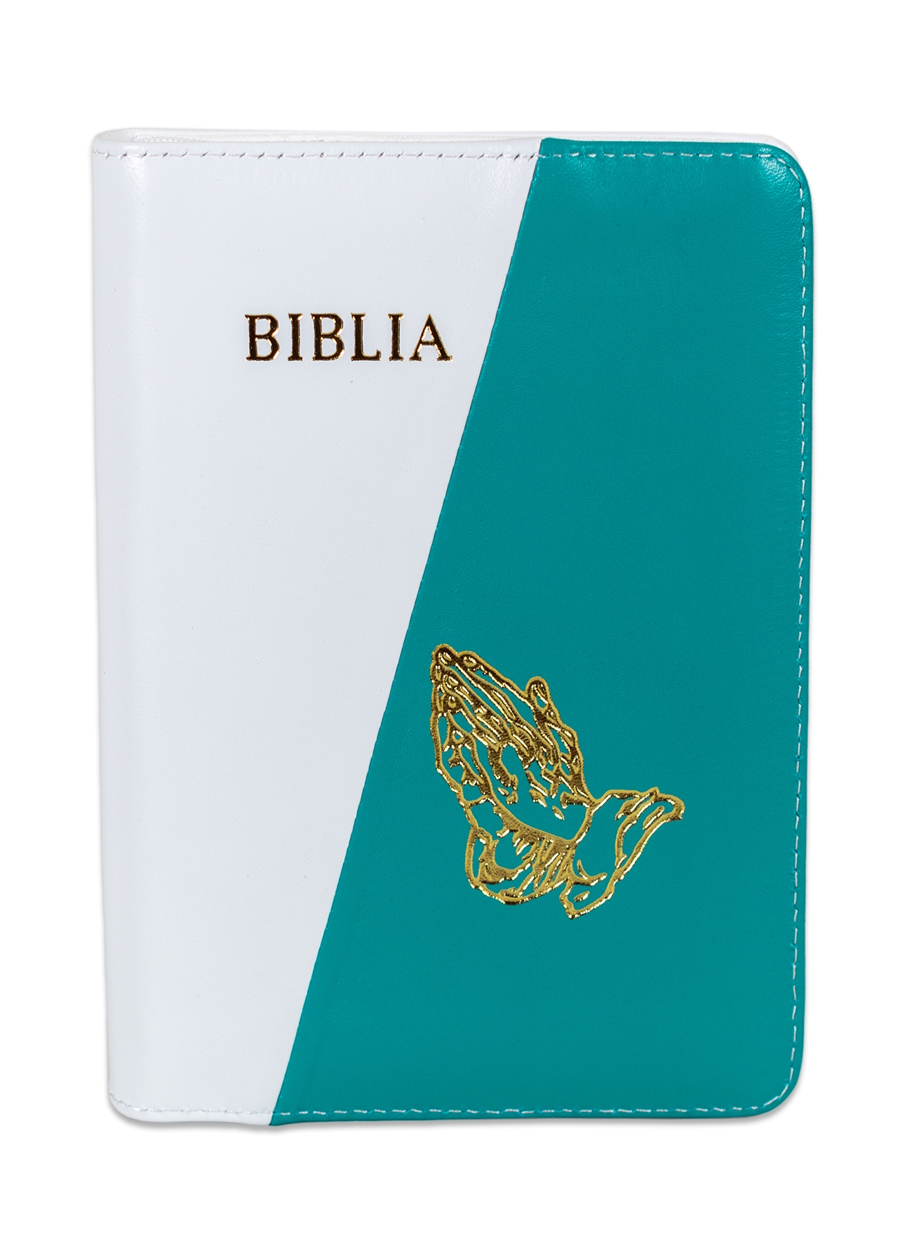 Biblie din piele, marime medie, culoare alb cu turcoaz, simbol maini in rugaciune, fermoar, index, margini aurii, cuv. lui Isus cu rosu [SB 057 PFI]