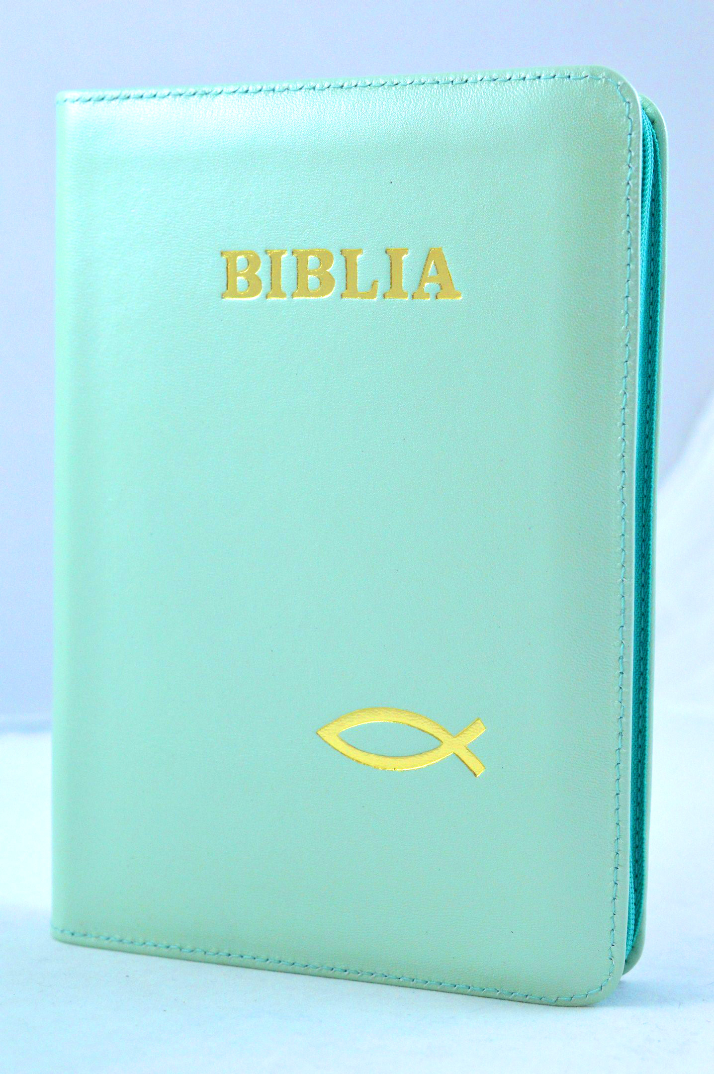 Biblia din piele, marime medie, verde turcoaz, fermoar, aurita, cu peste, cuv. lui Isus cu rosu [052]