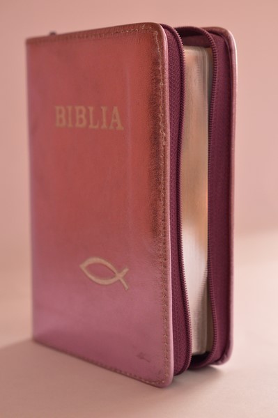 Biblie din piele, mica, mov sidefat, fermoar, margini argintii,simbol peste, cuv. lui Isus in rosu [043 A]