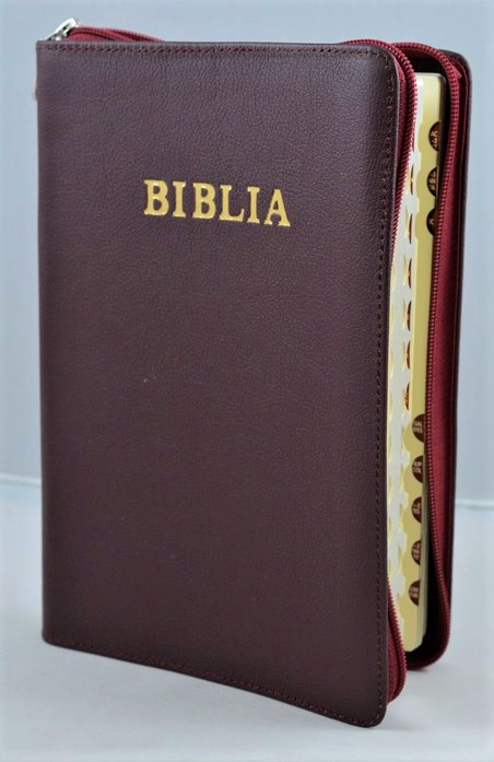 Biblie mare, piele, visiniu inchis, fermoar, index, margini aurii, cuv. Isus cu rosu [SI 073 PFI]