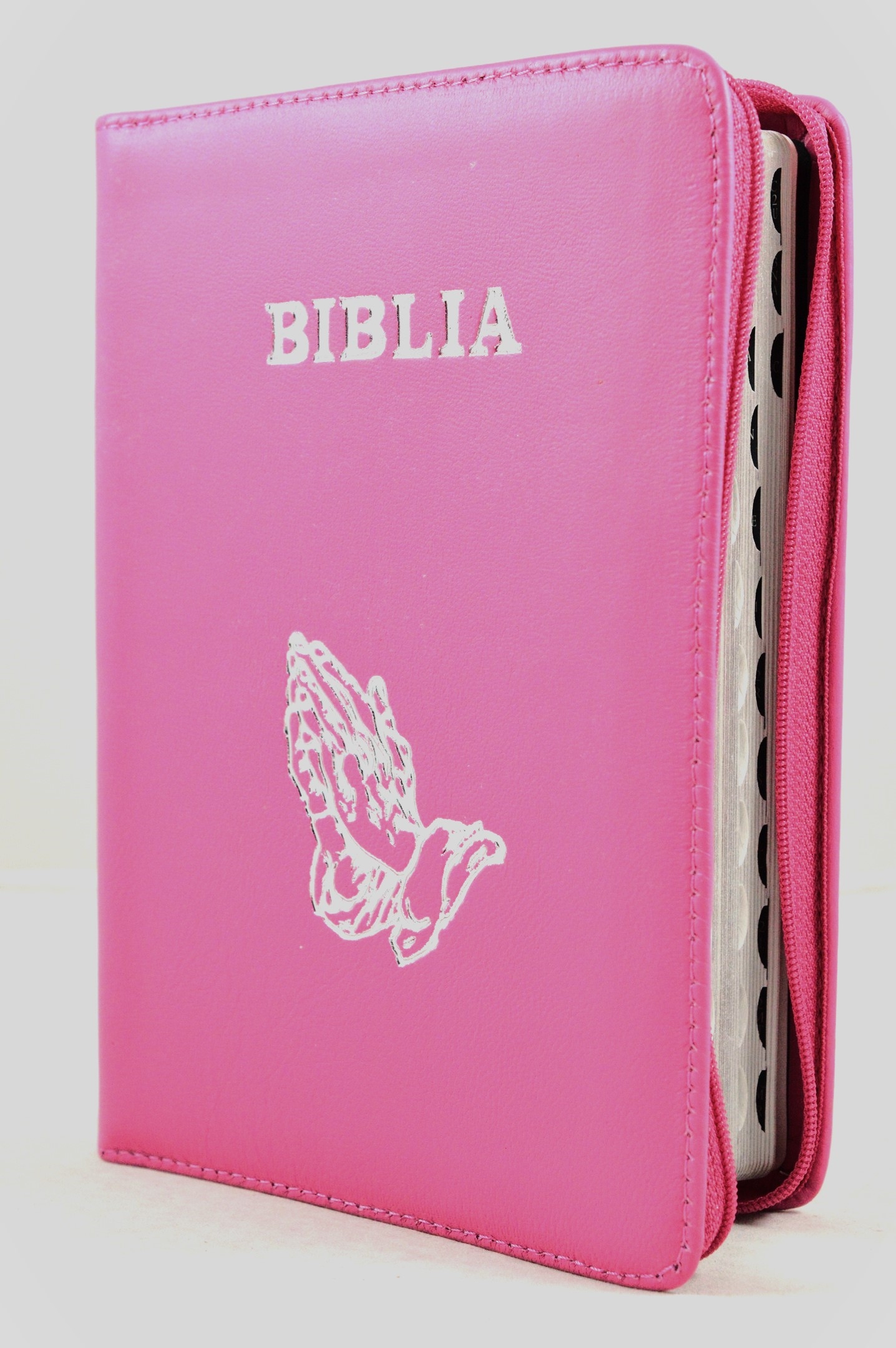 Biblie din piele, marime medie, roz, simbol maini in ruga, fermoar, index, margini aurii, cuv. lui Isus cu rosu [SB 057 PFI]