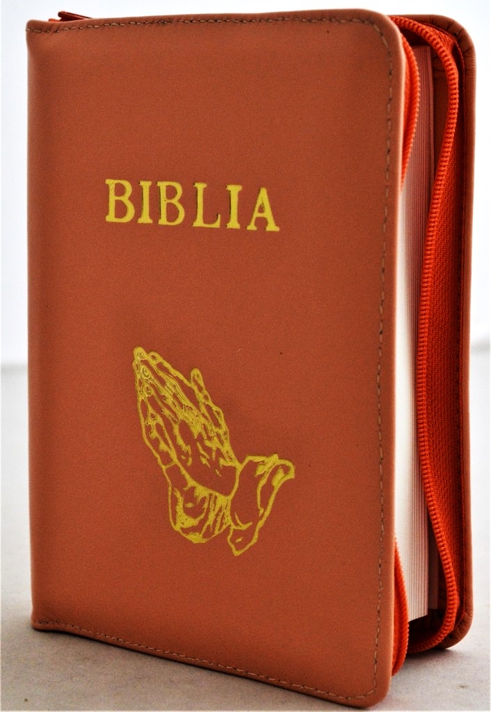 Biblie din piele,marime mica, culoare, portocaliu închis, fermoar, margini albe, simbolul maini in rugaciune, cuv. lui Isus in rosu [043 PF]