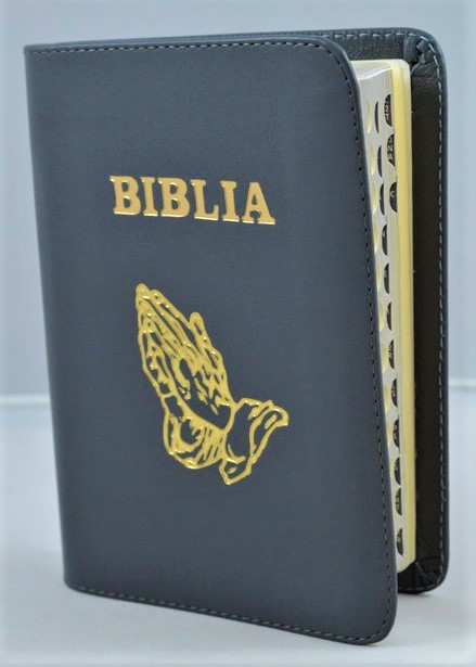 Biblie marime mica, piele, culoare gri, index, margini argintate, simbol maini in ruga cuv. lui Isus cu rosu [SI 043 PI]