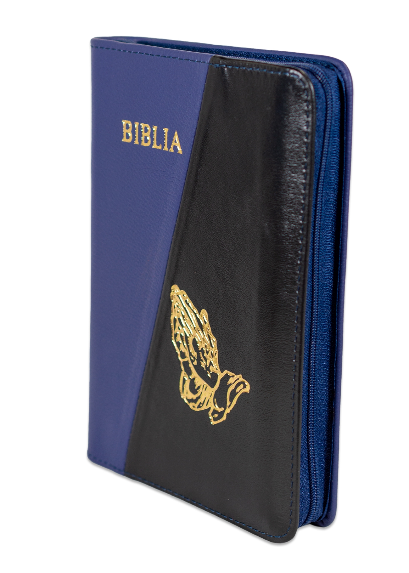Biblie din piele, marime medie, culoare bleumarin cu negru, simbol maini in rugaciune, fermoar, index, margini aurii, cuv. lui Isus cu rosu [SB 057 PFI]