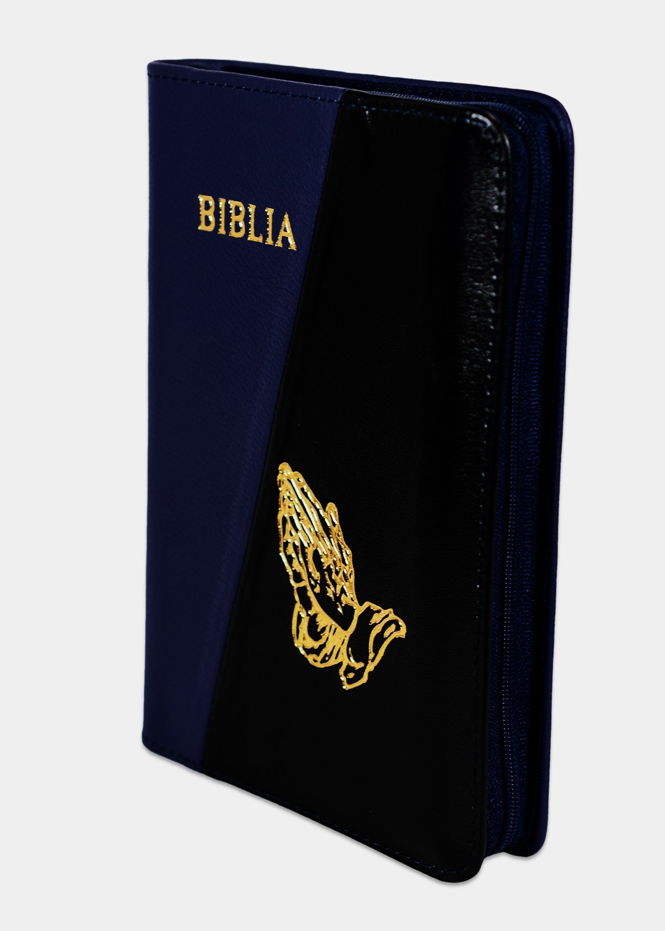 Biblia mica, coperta piele, culoare bleumarin cu negru, index, fermoar, margini aurii,  simbolul maini, cuv. lui Isus in rosu [047 PFI]