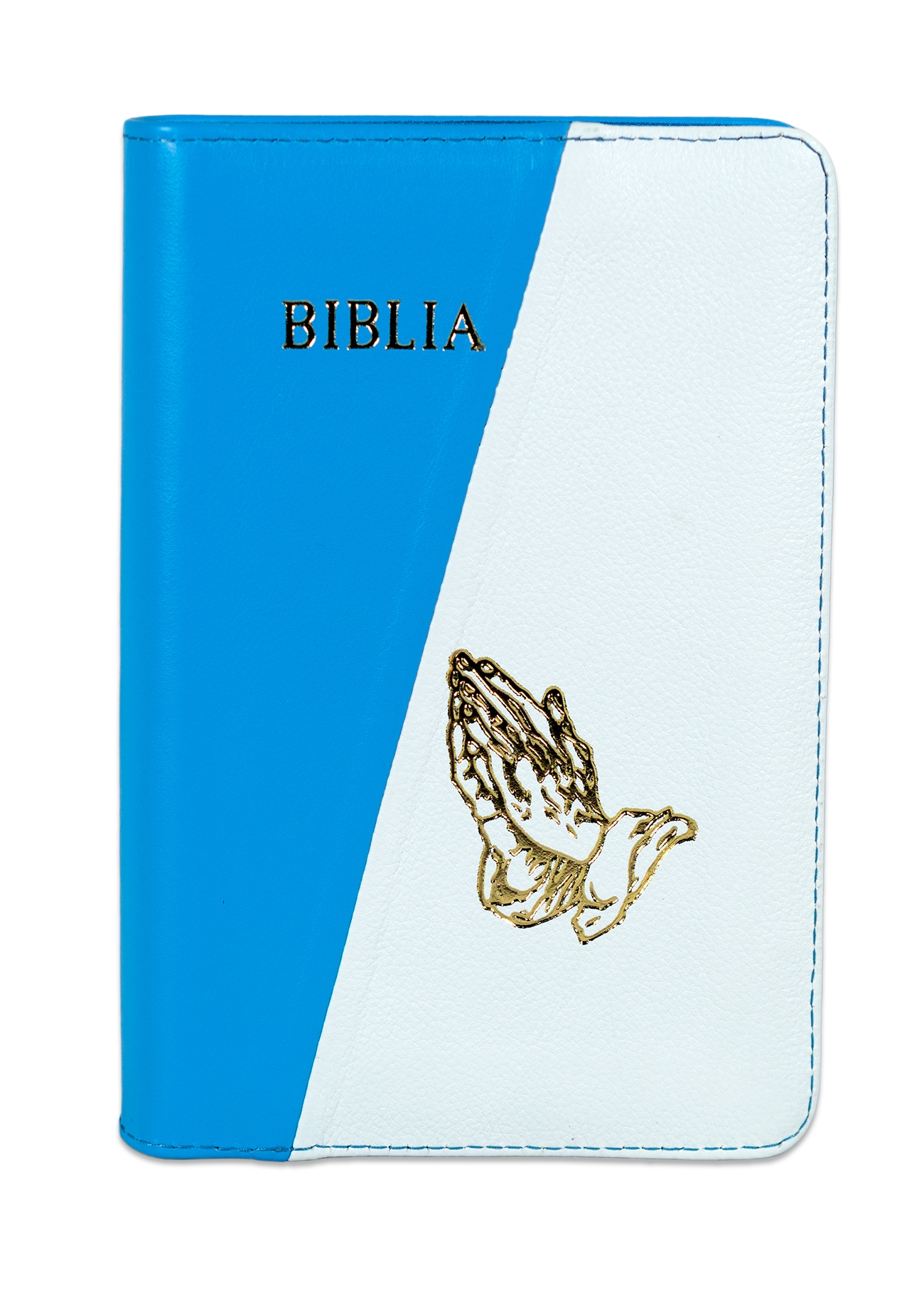 Biblie din piele, marime medie, culoare albastru deschis cu alb, simbol maini in rugaciune, fermoar, index, margini aurii, cuv. lui Isus cu rosu [SB 057 PFI]