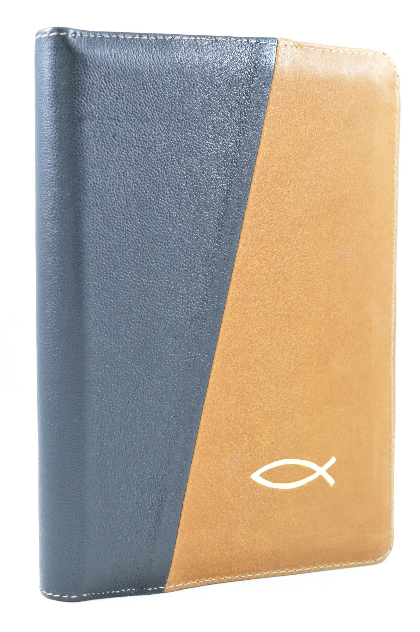 Biblia din piele, marime medie, negru / maro, fermoar, simbol peste, cuv. lui Isus cu rosu [053]