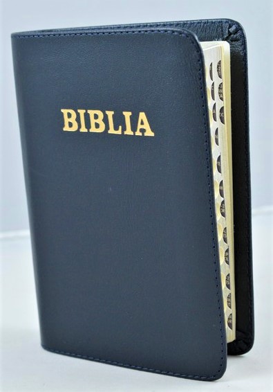 Biblie marime mica, piele, bleomaren inchis, index, margini argintate, cuv. lui Isus cu rosu [SI 043 PI]