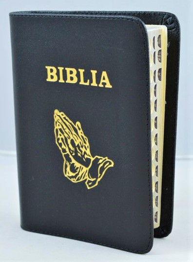 Biblie marime mica, piele, culoare neagra, index, margini argintate, simbol maini in ruga cuv. lui Isus cu rosu [SI 043 PI]