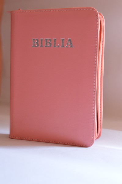Biblie din piele, mica, roz coral, fermoar, argintata, cuv. lui Isus in rosu [043 A]