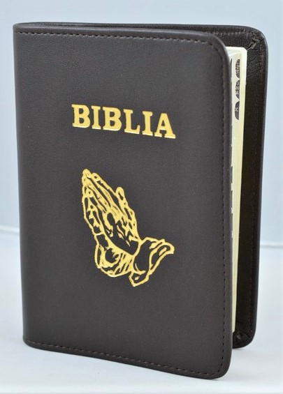 Biblie marime mica, piele, culoare maro inchis, index, margini argintate, simbol maini in ruga cuv. lui Isus cu rosu [SI 043 PI]