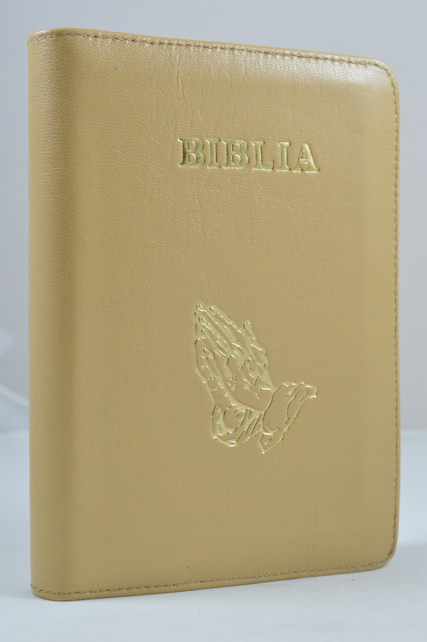 Biblie din piele, marime medie, bej, simbol maini in rugaciune, fermoar, index, margini aurii, cuv. lui Isus cu rosu [SB 057 PFI]
