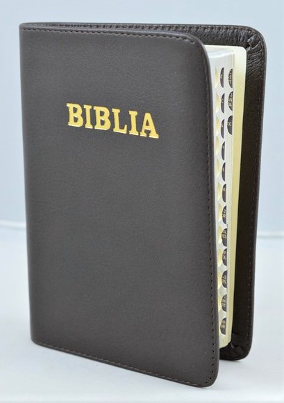 Biblie marime mica, piele, maro inchis, index, margini argintate, cuv. lui Isus cu rosu [SI 043 PI]