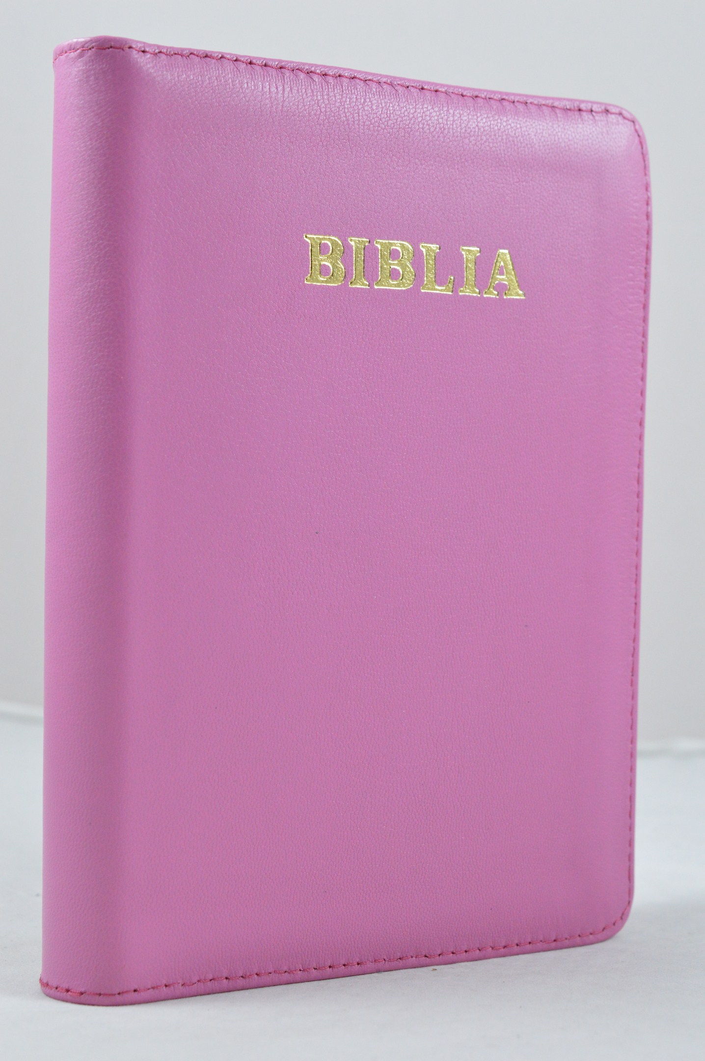 Biblia din piele, medie,roz, fermoar, aurita, cuv. lui Isus cu rosu [052]