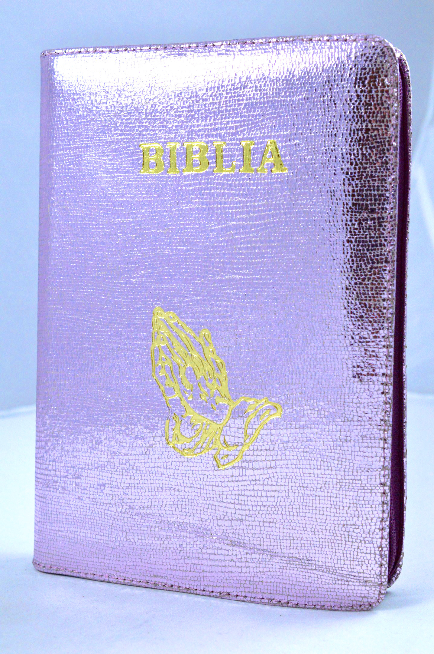 Biblia din piele, marime medie, lila, fermoar, simbol maini, cuv. lui Isus cu rosu [053]