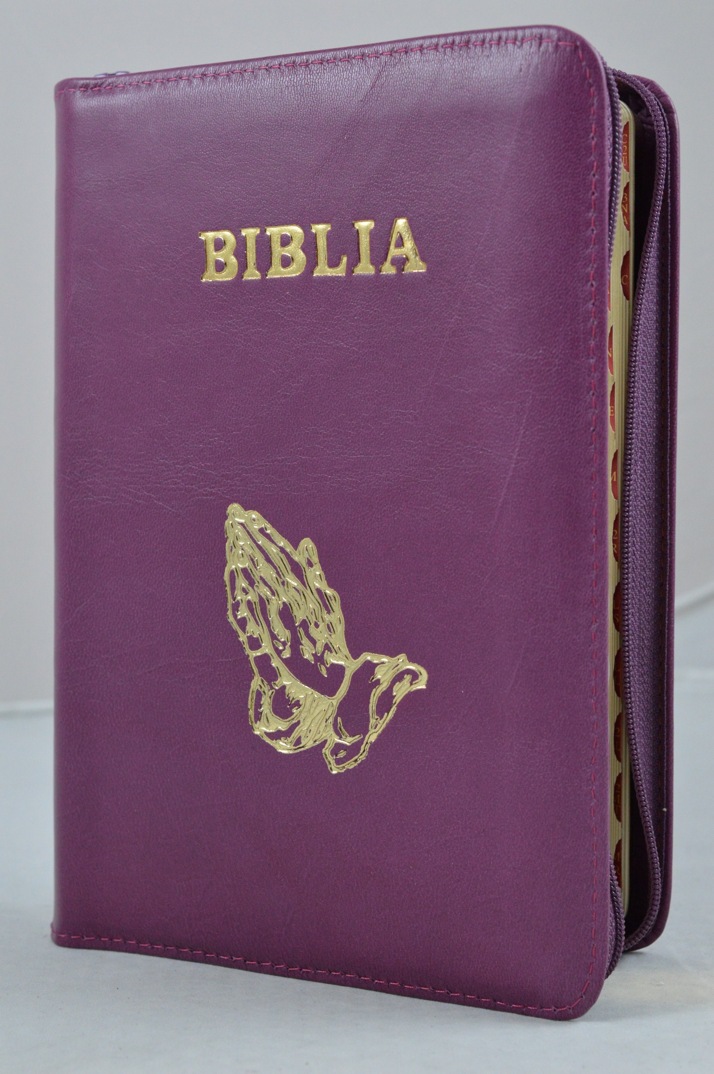 Biblie din piele, marime medie, culoare violet simbol maini in rugaciune, fermoar, index, margini aurii, cuv. lui Isus cu rosu [SB 057 PFI]