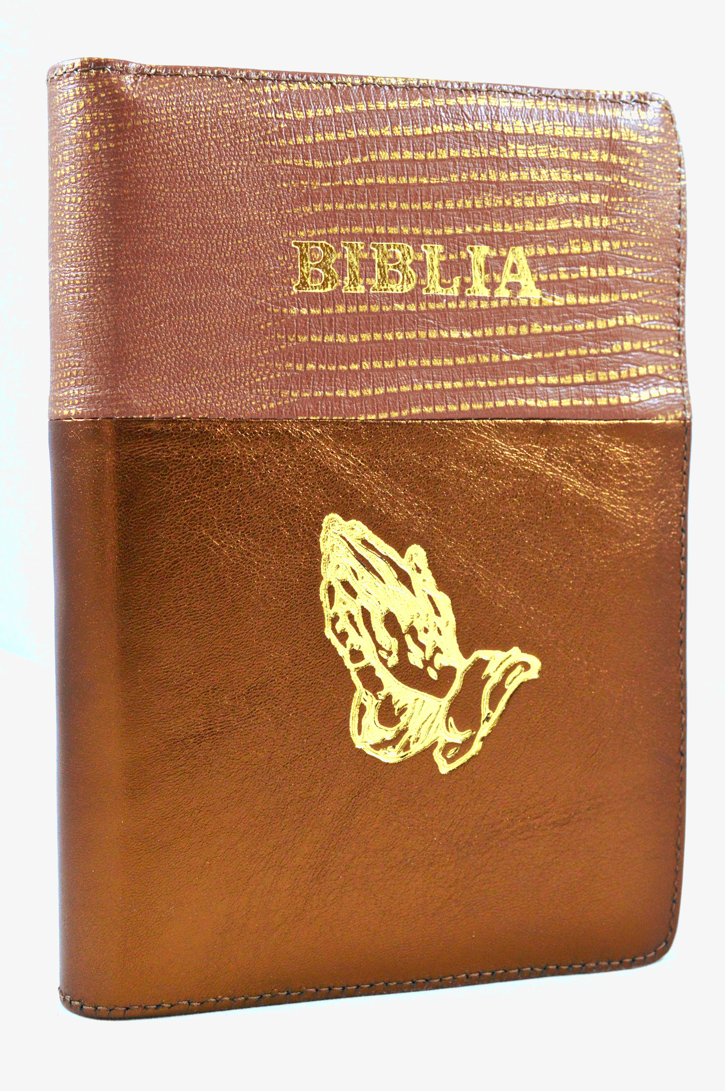 Biblia din piele, marime medie, cafeniu - bronz inchis, fermoar, simbol maini, cuv. lui Isus cu rosu [053]