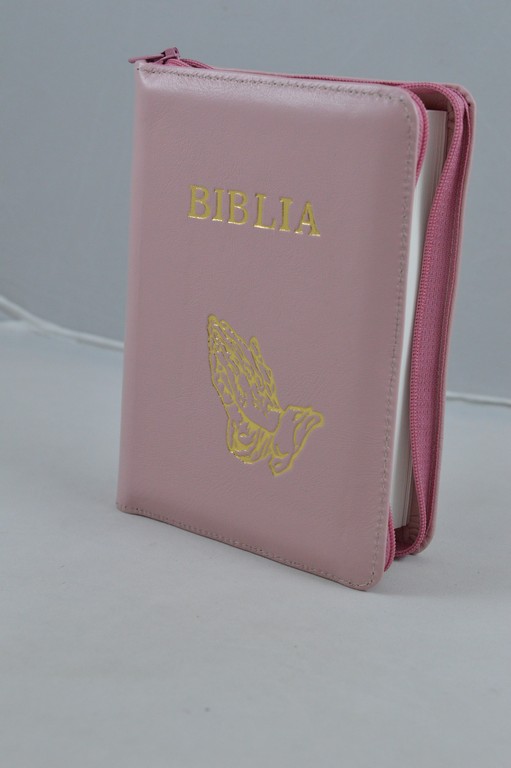 Biblie din piele, mica, roz pal, fermoar, margini albe,simbol maini in ruga, cuv. lui Isus in rosu [043 PF]