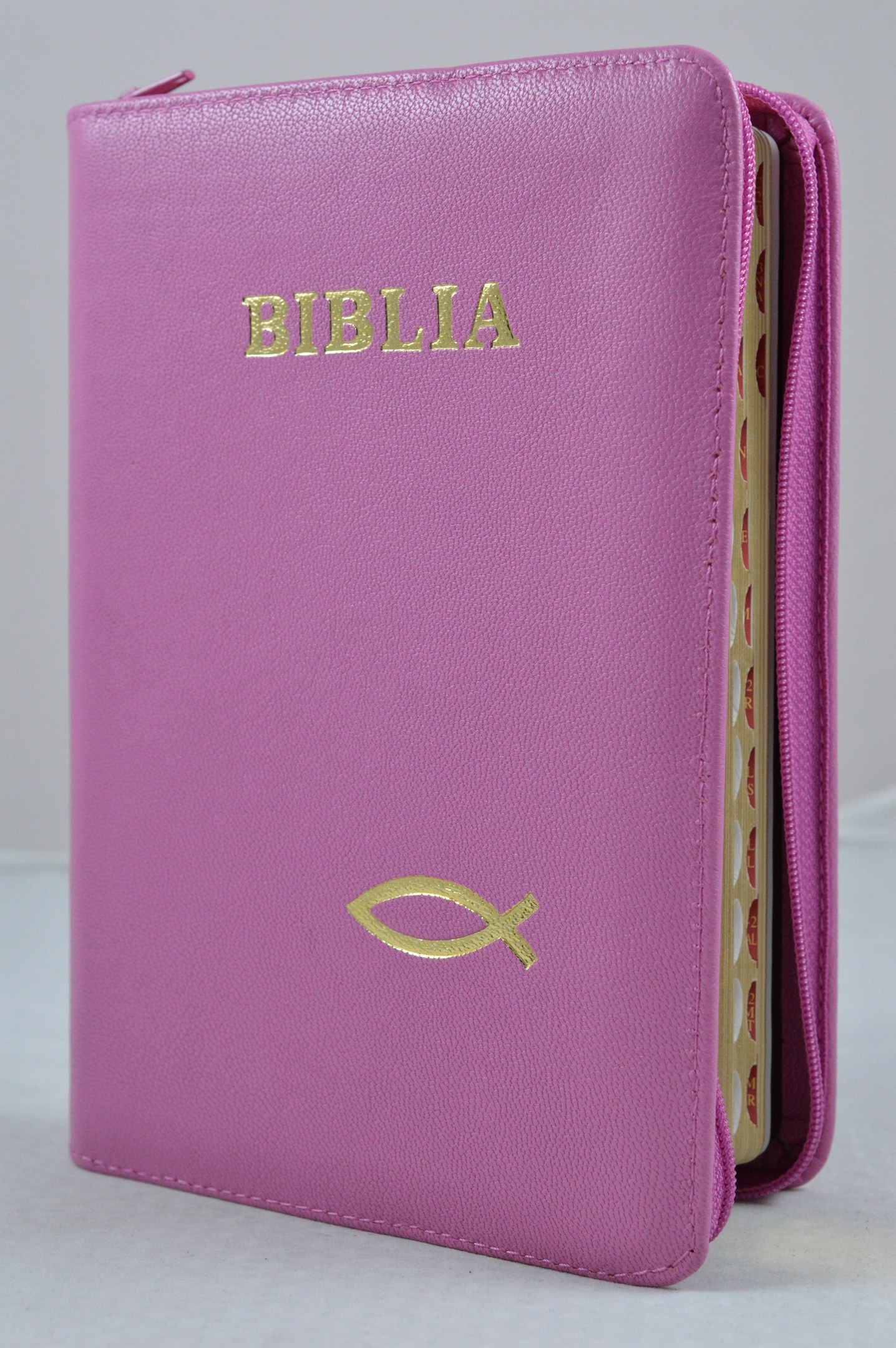 Biblie din piele, marime medie, lila, simbol peste, fermoar, index, margini aurii, cuv. lui Isus cu rosu [SB 057 PFI]